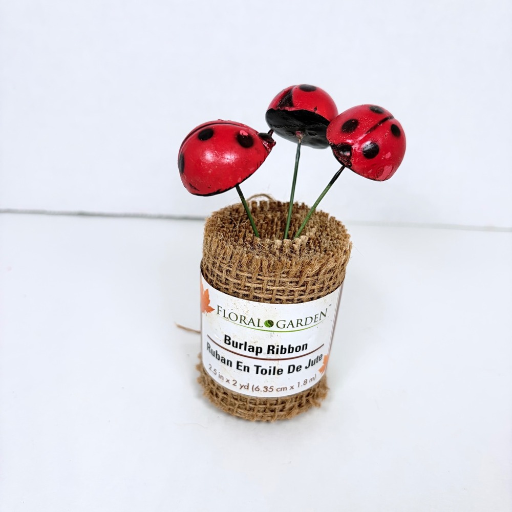 Vintage Hong Kong Ladybug Floral Picks Set Burlap Ribbon Kitsch Garden Decor